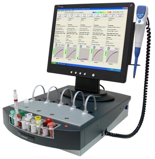 Multiplate rendszer A thrombocyta funkciók közvetlenül teljes vérben végzett szenzitív vizsgálata Mérési elv: impedancia 300 µl teljes vénás vér Nincs szükség a minta