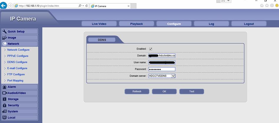 alatt válasszuk ki a DDNS Configure almenüpontot. Engedélyezzük a funkciót ( Enable mező kiválasztása) majd töltsük ki a mezőket: Domain: valami.hdcctvddns.