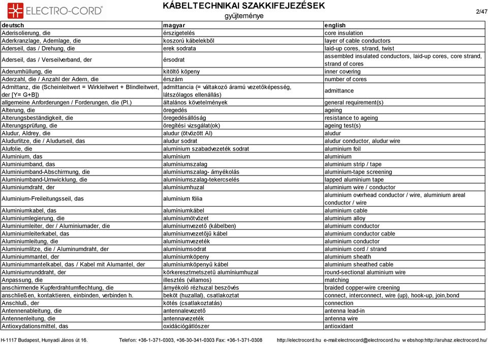 Adern, die érszám number of cores Admittanz, die (Scheinleitwert = Wirkleitwert + Blindleitwert, admittancia (= váltakozó áramú vezetőképesség, der [Y= G+B]) látszólagos ellenállás) admittance