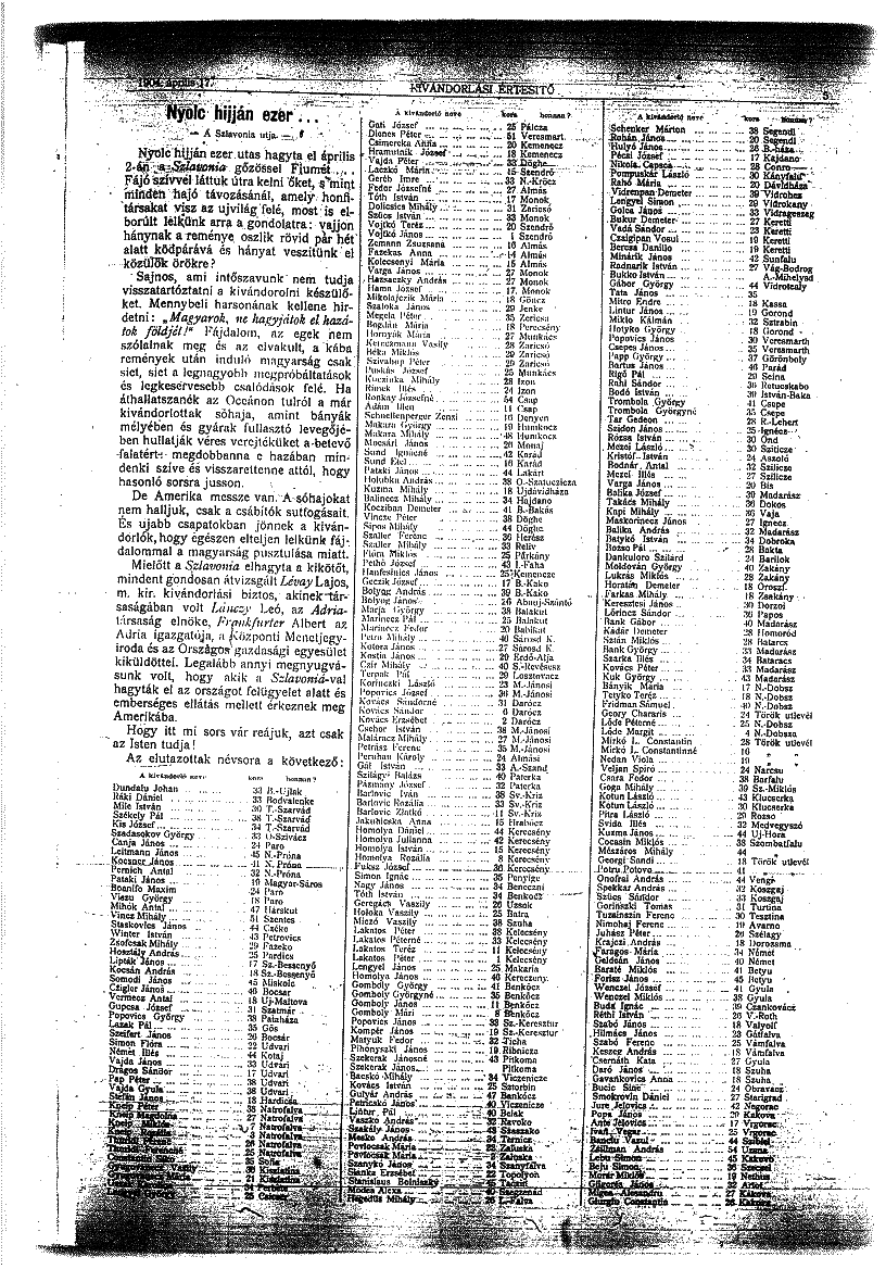 20. SZÁZAD - KIVÁNDORLÁS A Fiuméből 1904. szeptember 23-án kivándoroltak névsora.