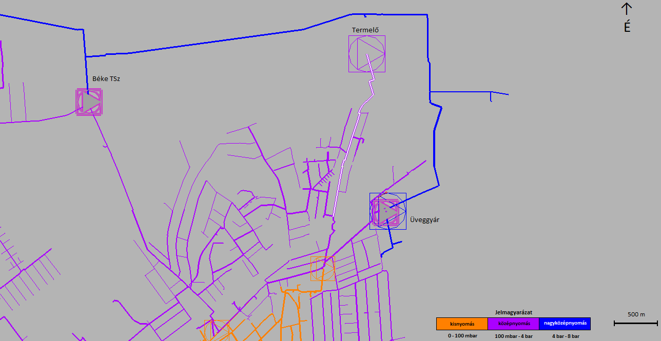 hogy a jelenleg meglévő fogyasztókkal, DN 200 as vezetékkel -20 C-os külső hőmérséklet esetén az üzem legfeljebb 3743,95 (n)m 3 /h-t tud betáplálni, de mivel ilyen hideg csak tirkán fordul elő azért