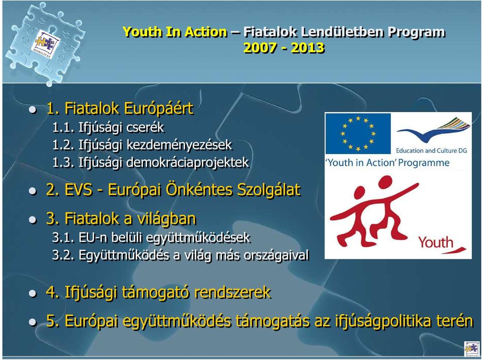 EVS - Európai Önkéntes Szolgálat 3. Fiatalok a világban 3.1. EU-n belüli együttmőködések 3.2.