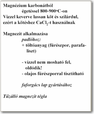 Magnézia (Sorel) cement MgCl 2 Mg(OH) 2 MgO(OH)) sok kevés A kötés során eltérő összetételű MgO x Cl y keletkezik. Hiroszkópos! Töltőanyagokkal melegpadló készítésre használható.