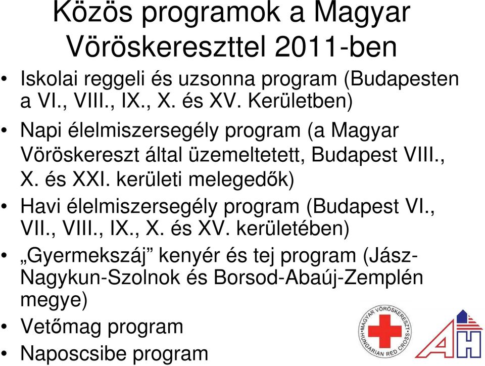 kerületi melegedők) Havi élelmiszersegély program (Budapest VI., VII., VIII., IX., X. és XV.