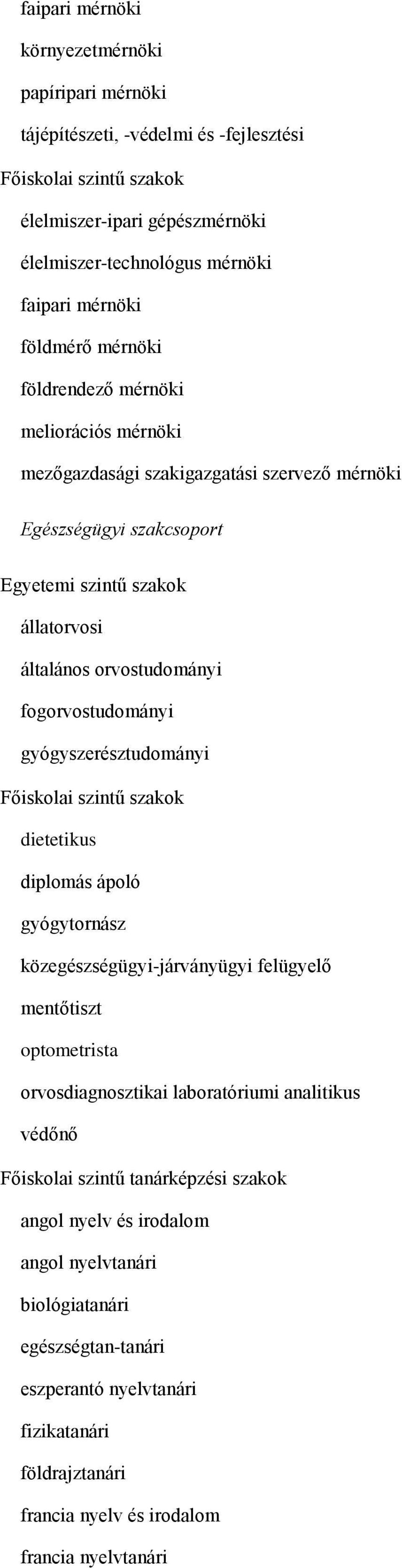 fogorvostudományi gyógyszerésztudományi Főiskolai szintű szakok dietetikus diplomás ápoló gyógytornász közegészségügyi-járványügyi felügyelő mentőtiszt optometrista orvosdiagnosztikai laboratóriumi