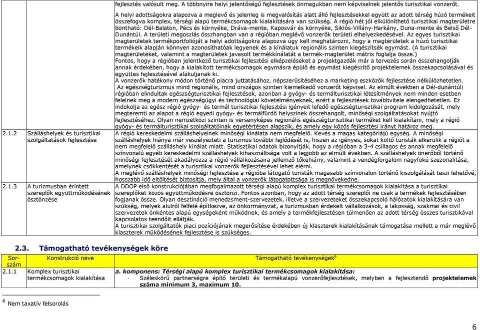 A helyi adottságokra alapozva a meglevı és jelenleg is megvalósítás alatt álló fejlesztésekkel együtt az adott térség húzó termékeit összefogva komplex, térségi alapú termékcsomagok kialakítására van