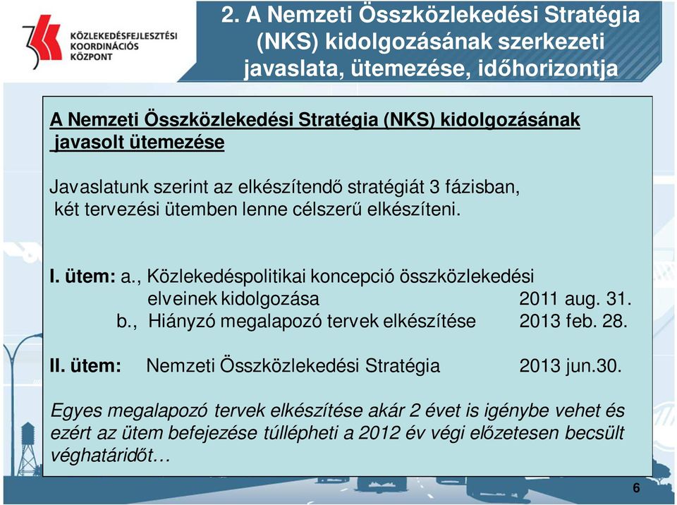 , Közlekedéspolitikai koncepció összközlekedési elveinek kidolgozása 2011 aug. 31. b., Hiányzó megalapozó tervek elkészítése 2013 feb. 28. II.