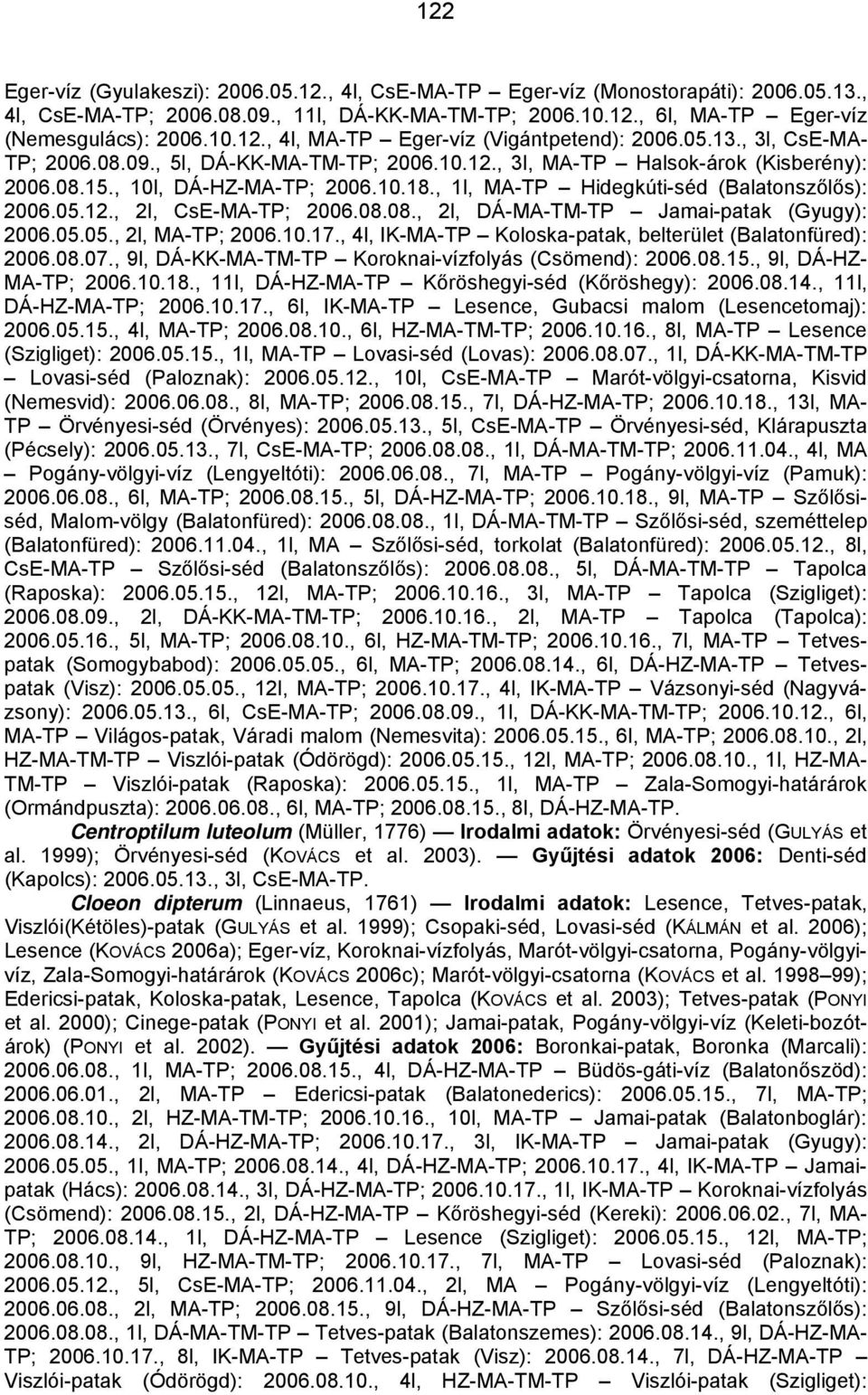 08.08., 2l, DÁ-MA-TM-TP Jamai-patak (Gyugy): 2006.05.05., 2l, MA-TP; 2006.10.17., 4l, IK-MA-TP Koloska-patak, belterület (Balatonfüred): 2006.08.07.