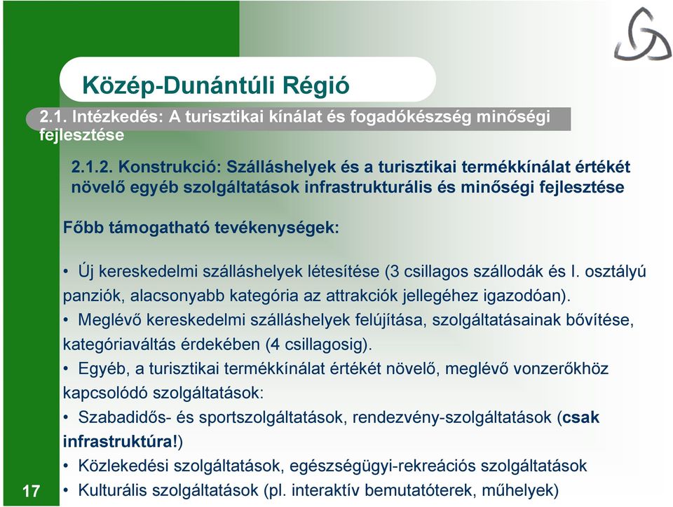 osztályú panziók, alacsonyabb kategória az attrakciók jellegéhez igazodóan). Meglévő kereskedelmi szálláshelyek felújítása, szolgáltatásainak bővítése, kategóriaváltás érdekében (4 csillagosig).