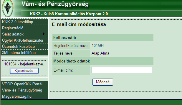 22. Másodlagos felhasználók e-mail címének módosításakor megjelenő képernyő 5.2.4 Másodlagos felhasználó jogosultságainak módosítása Az ügyfél, a NAV vámszerveinél végzett regisztráció során többféle