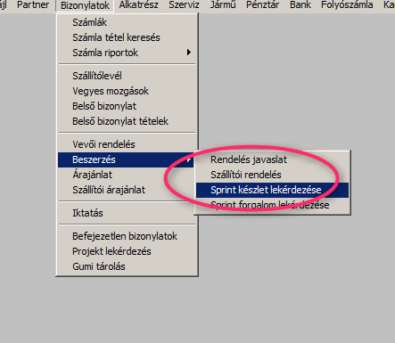 kérdezni azokat a Bizonylatok / Beszerzés / SPRINT készlet lekérdezése menüpontban.