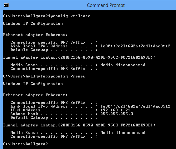 IP cím kiosztás tesztelése a kliens gépen A parancssorban az ipconfig /release utasítással a hálózati kártyám IP címét kinullázom, majd az ipconfig /renew paranccsal a