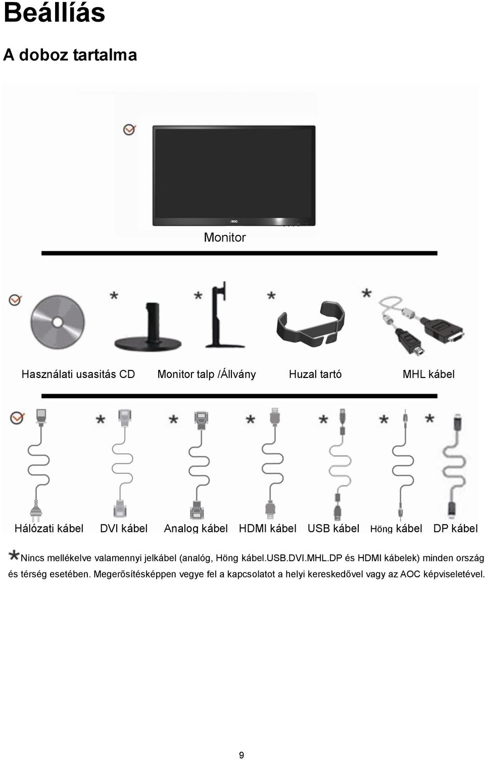 mellékelve valamennyi jelkábel (analóg, Höng kábel.usb.dvi.mhl.