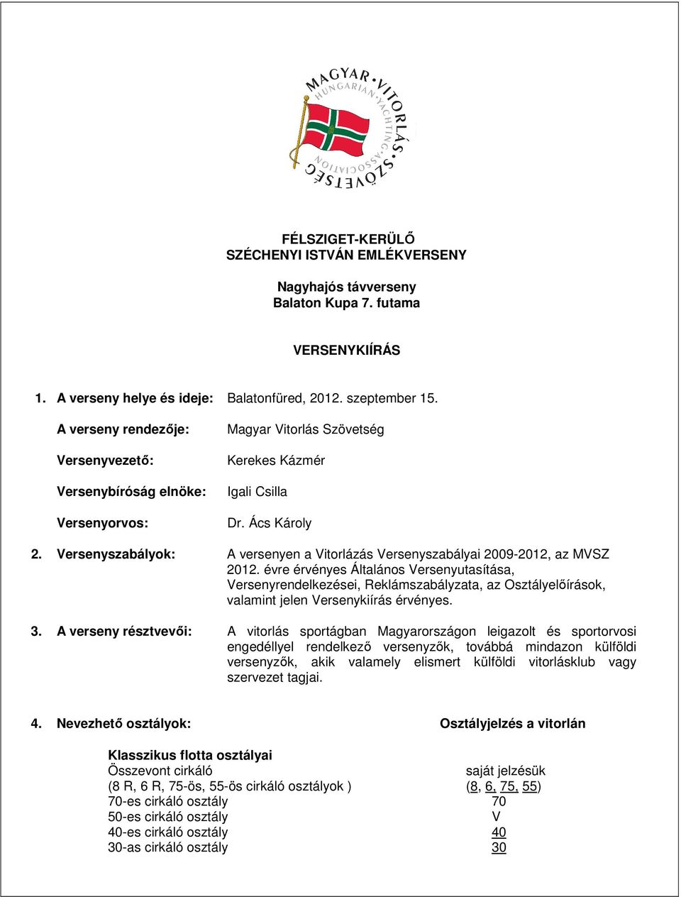 Versenyszabályok: A versenyen a Vitorlázás Versenyszabályai 2009-2012, az MVSZ 2012.