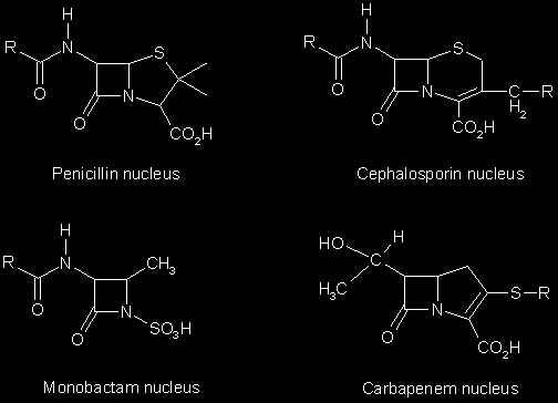 -laktám gyűrű thiazolidin gyűrű dihidrotiazin gyűrű Penicillinek Cefalosporinok Monobaktámok Karbapenemek 1. ábra.