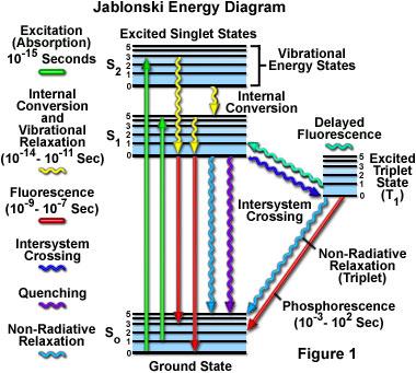 Jablonski-féle termséma Kasha-szabály bizonyítéka: Bizonyíték: bármilyen hullámhosszú foton elnyelésével kerül a molekula gerjesztett állapotba, az emissziós spektrum alakja nem változik.