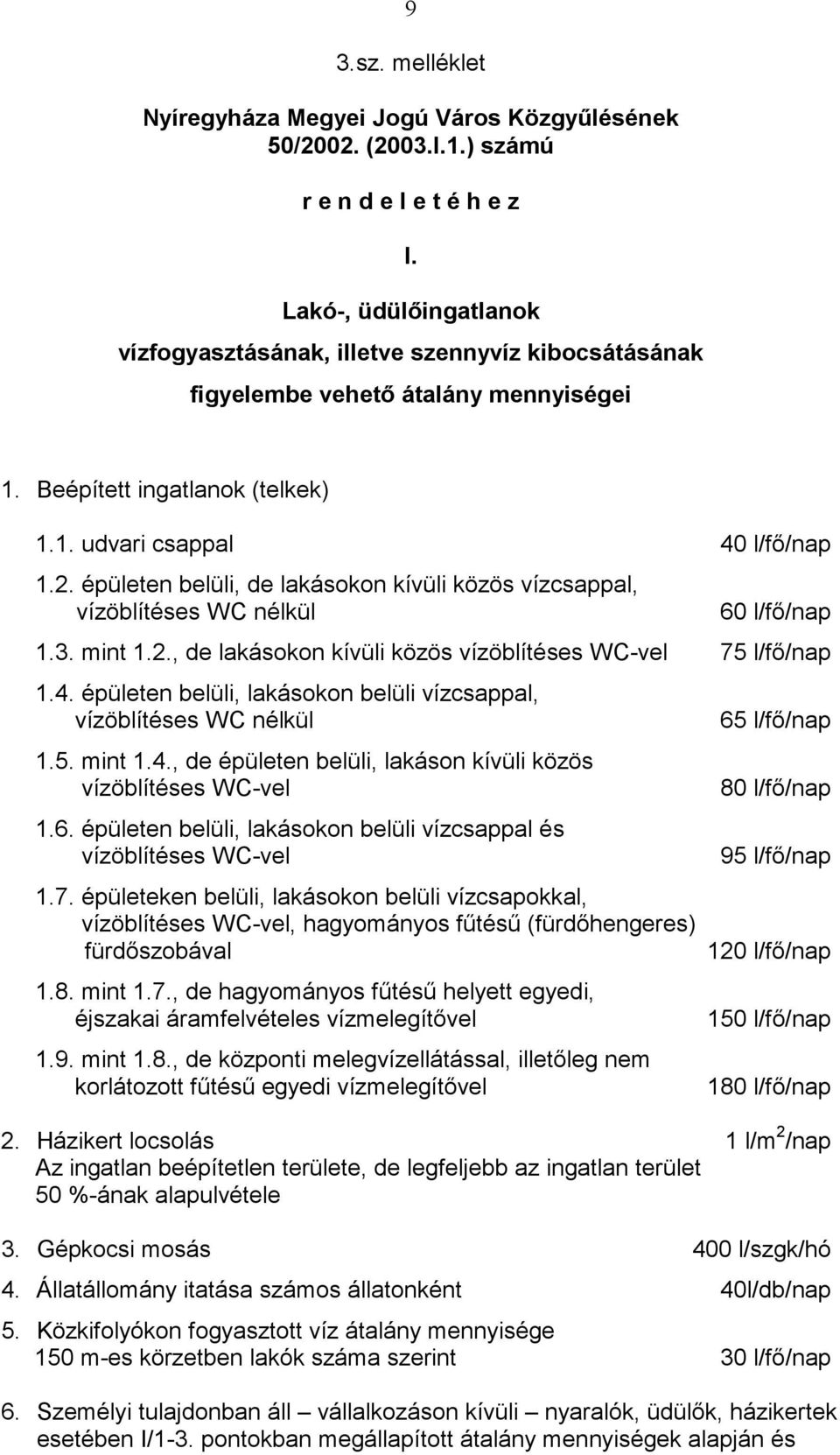 épületen belüli, de lakásokon kívüli közös vízcsappal, vízöblítéses WC nélkül 60 l/fı/nap 1.3. mint 1.2., de lakásokon kívüli közös vízöblítéses WC-vel 75 l/fı/nap 1.4.