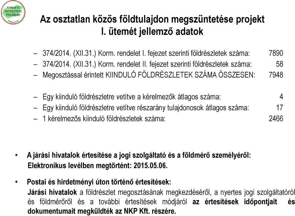 tulajdonosok átlagos : 17 1 kérelmezős kiinduló : 2466 A járási hivatalok értesítése a jogi szolgáltató és a földmérő személyéről: Elektronikus levélben megtörtént: 2015.05.06.