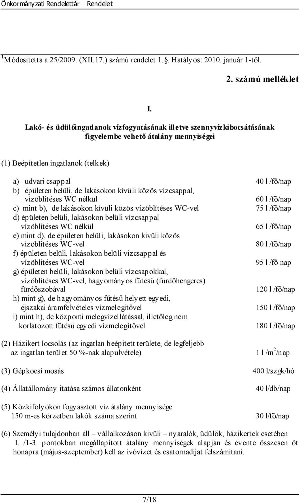 de lakásokon kívüli közös vízcsappal, vízöblítéses WC nélkül 60 l /fő/nap c) mint b), de lakásokon kívüli közös vízöblítéses WC-vel 75 l /fő/nap d) épületen belüli, lakásokon belüli vízcsappal