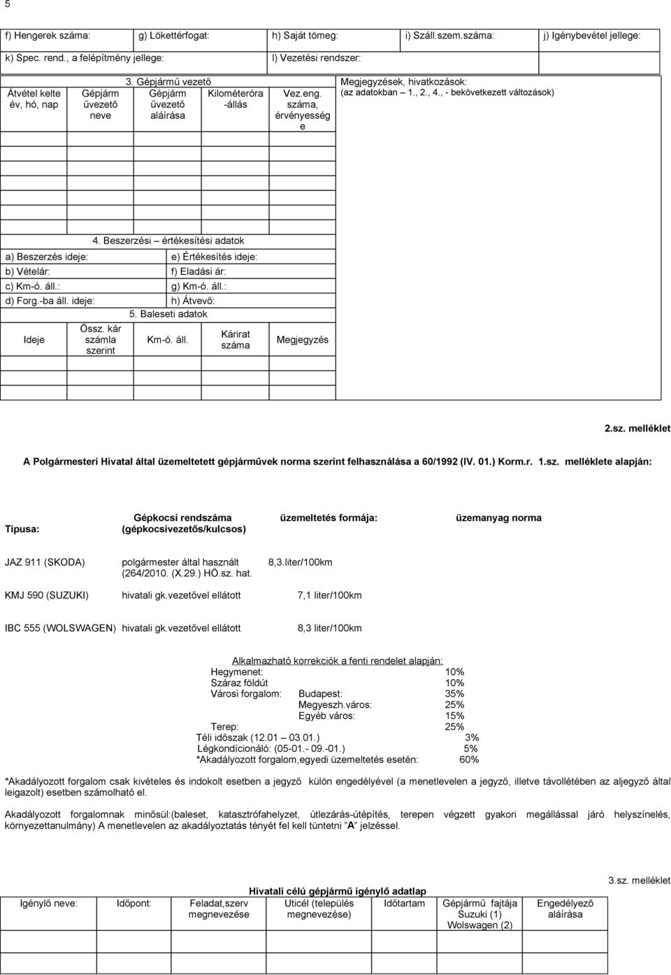 , - bekövetkezett változások) űvezető -állás száma, aláírása érvényesség e 4. Beszerzési értékesítési adatok a) Beszerzés ideje: e) Értékesítés ideje: b) Vételár: f) Eladási ár: c) Km-ó. áll.