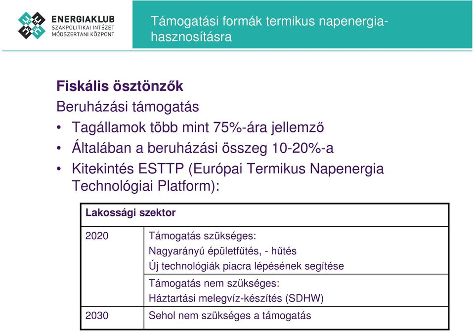 Technológiai Platform): Lakossági szektor 2020 Támogatás szükséges: Nagyarányú épületfőtés, - hőtés Új