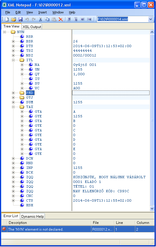 INCOTEX133-TAXmini TECHNICAL FUNCTIONS 41 A példa.xml fájl a XMLNotepad al nyitható meg. A microsd kártya a PTG-n belül található és a PTG le van zárva.