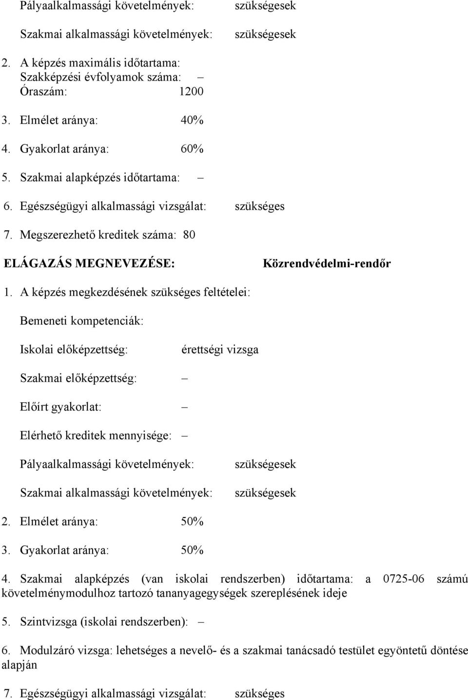 A képzés megkezdésének szükséges feltételei: Bemeneti kompetenciák: Iskolai előképzettség: érettségi vizsga Szakmai előképzettség: Előírt gyakorlat: Elérhető kreditek mennyisége: Pályaalkalmassági