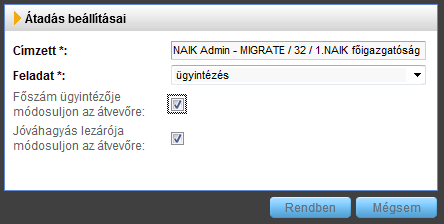 5.6 Irat Ügyirat átadása A ügyirataim menüpontban, jelöljük ki az átadni kívánt ügyet. Kattintsunk az gombra.