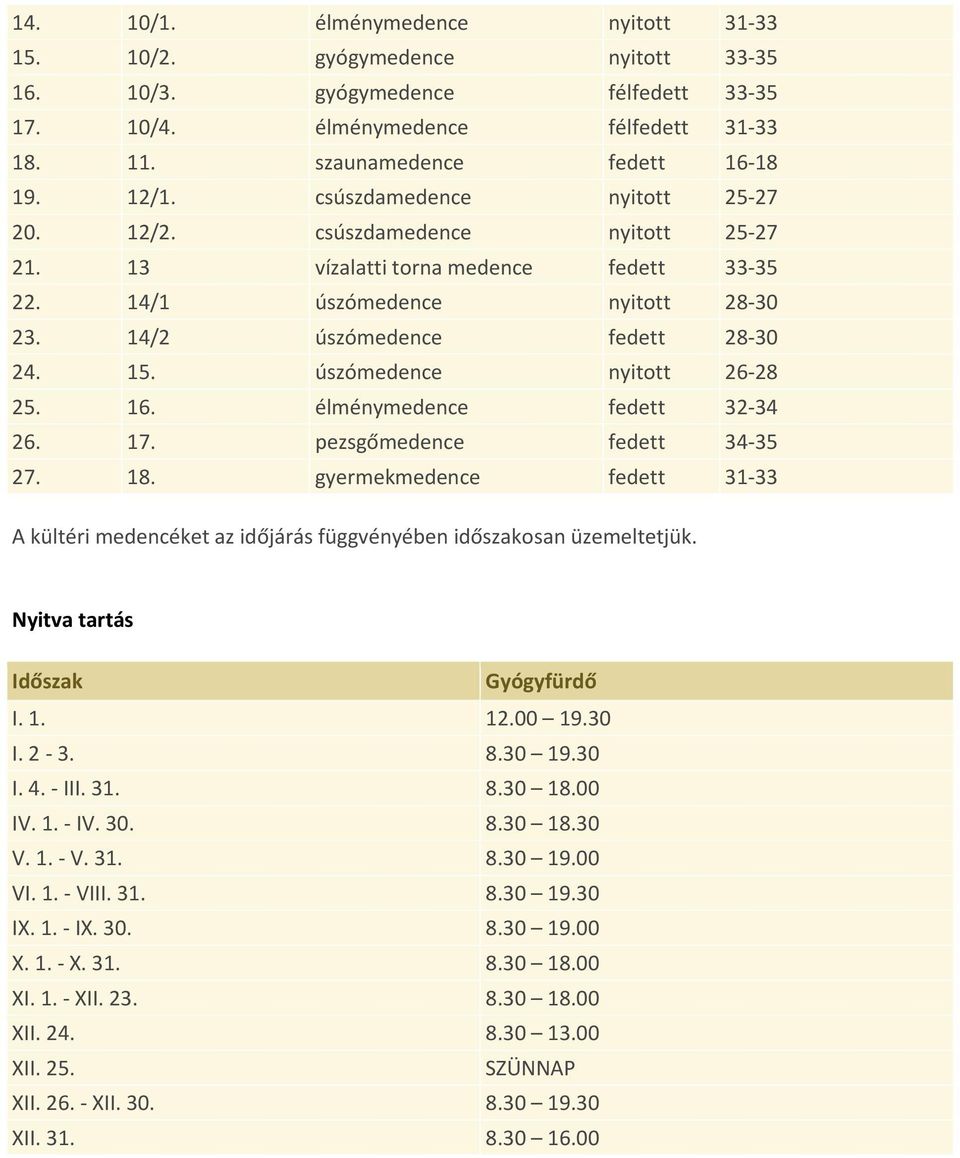 úszómedence nyitott 26-28 25. 16. élménymedence fedett 32-34 26. 17. pezsgőmedence fedett 34-35 27. 18.