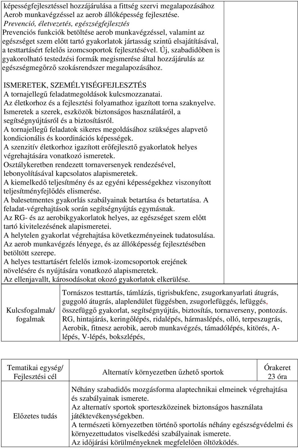 felelős izomcsoportok fejlesztésével. Új, szabadidőben is gyakorolható testedzési formák megismerése által hozzájárulás az egészségmegőrző szokásrendszer megalapozásához.