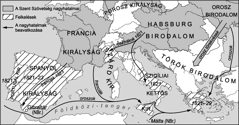 13. A feladat a szent szövetségi Európa nagyhatalmainak együttműködésével kapcsolatos. (E/3) A térkép és ismeretei segítségével válaszoljon a kérdésekre! (Elemenként 0,5 pont.