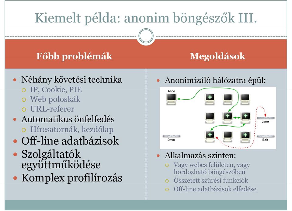 Automatikus önfelfedés Hírcsatornák, kezdőlap Anonimizáló hálózatra épül: Off-line adatbázisok