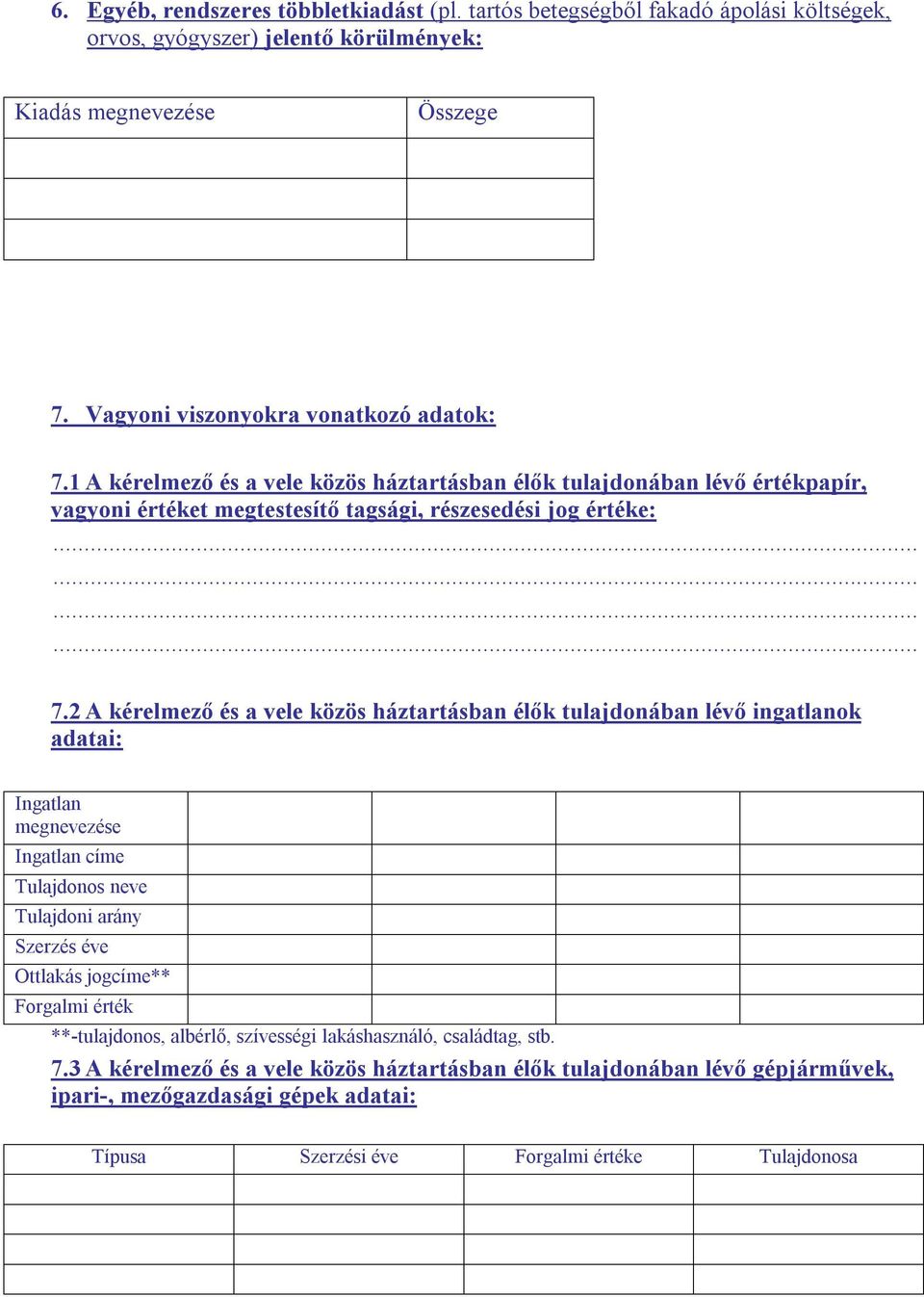 2 A kérelmező és a vele közös háztartásban élők tulajdonában lévő ingatlanok adatai: Ingatlan megnevezése Ingatlan címe Tulajdonos neve Tulajdoni arány Szerzés éve Ottlakás jogcíme** Forgalmi