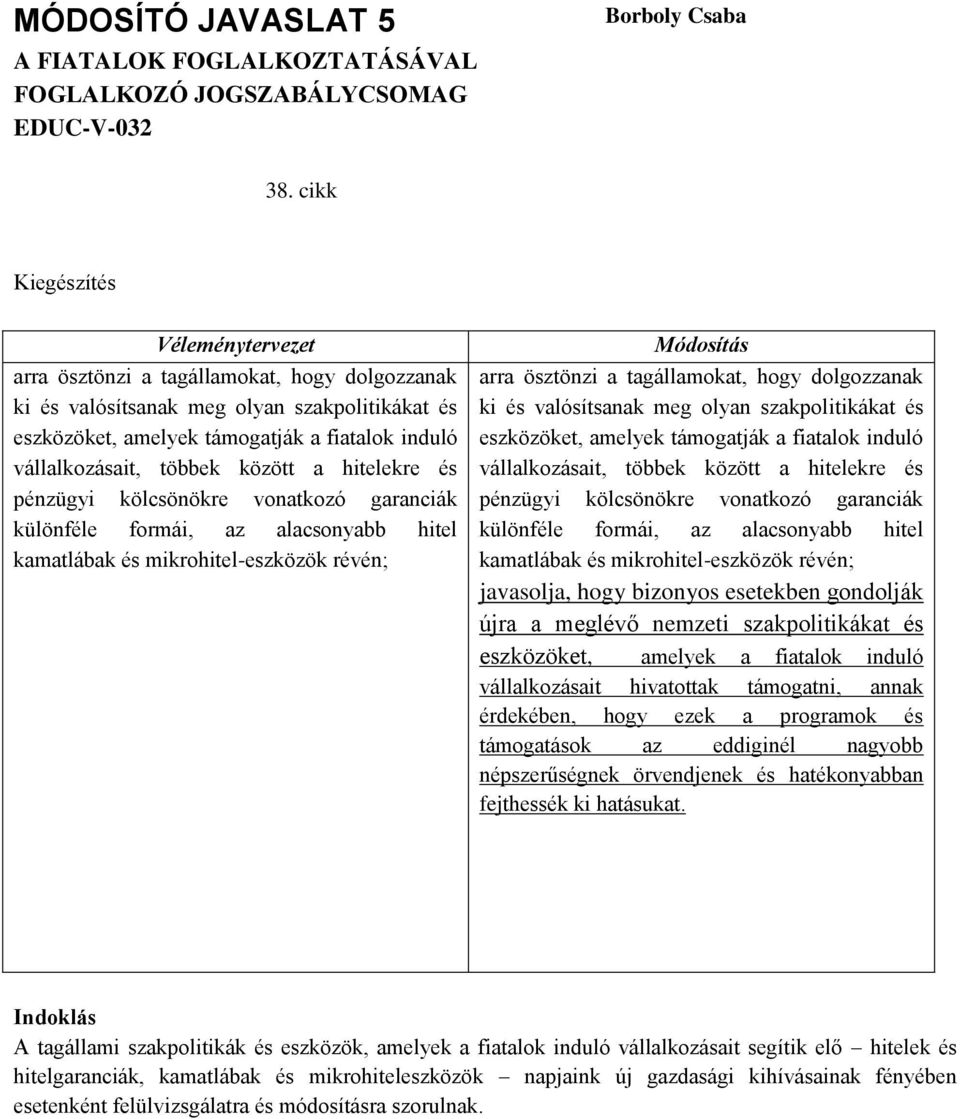 pénzügyi kölcsönökre vonatkozó garanciák különféle formái, az alacsonyabb hitel kamatlábak és mikrohitel-eszközök révén; arra ösztönzi a tagállamokat, hogy dolgozzanak ki és valósítsanak meg olyan