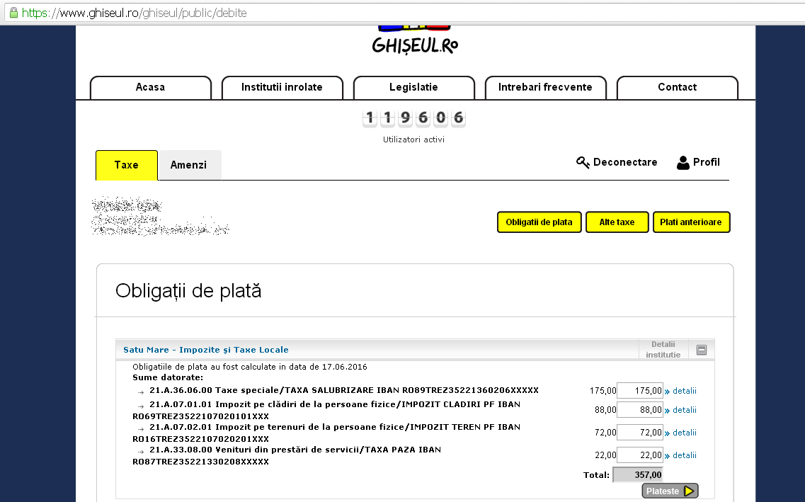 PASUL NR. 6 Veți fi direcţionat în contul Dvs, în care puteţi efectua on-line prin card bancar plăţi impozite şi taxe respectiv amenzi de circulaţie încasate pe teritoriul ţării. 6. Az oldal átirányít a személyes kontra, ahol bankkártyával on-line befizethetőek az adók, illetékek és közlekedési büntetések.