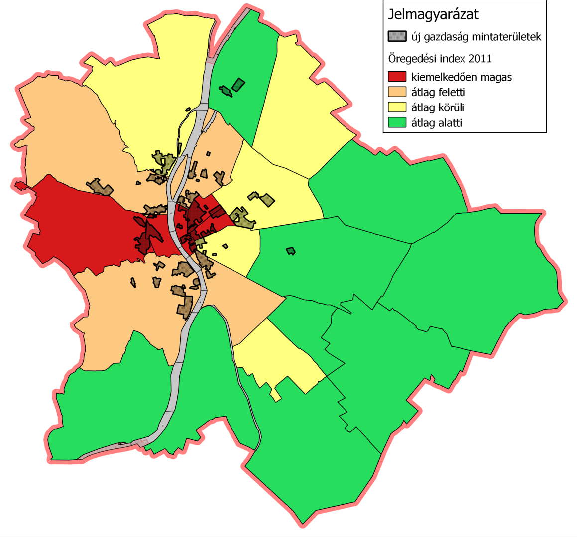 33. ábra: Az öregedési index nagyságának különbségei Budapesten Forrás: Saját szerkesztés A közepes erősségű korrelációval bíró további hét mutatóból hat is a tradicionális családmodell felbomlása és