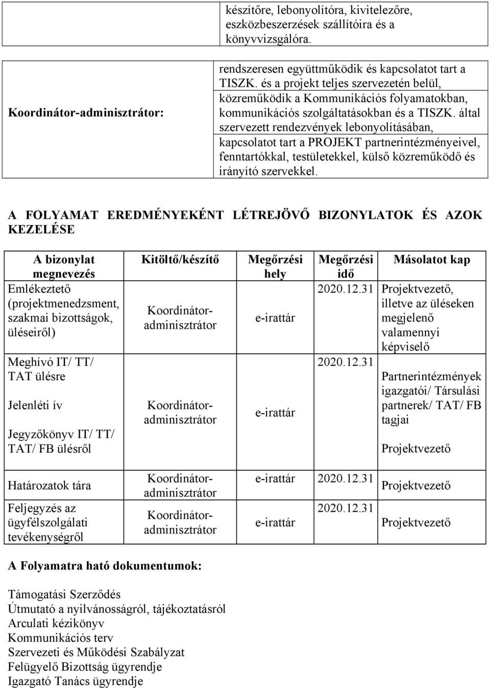 által szervezett rendezvények lebonyolításában, kapcsolatot tart a PROJEKT partnerintézményeivel, fenntartókkal, testületekkel, külső közreműködő és irányító szervekkel.