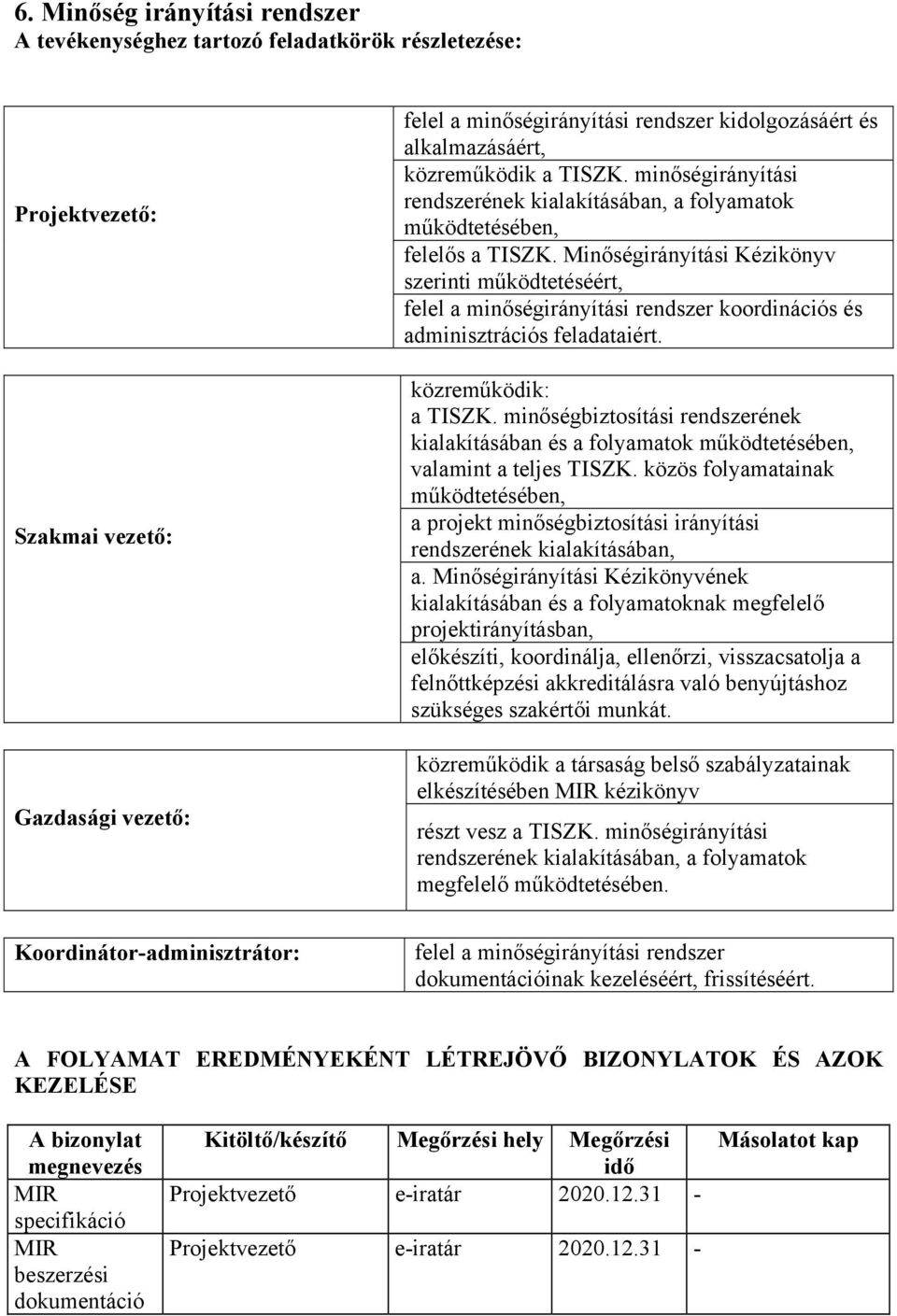 Minőségirányítási Kézikönyv szerinti működtetéséért, felel a minőségirányítási rendszer koordinációs és adminisztrációs feladataiért. közreműködik: a TISZK.