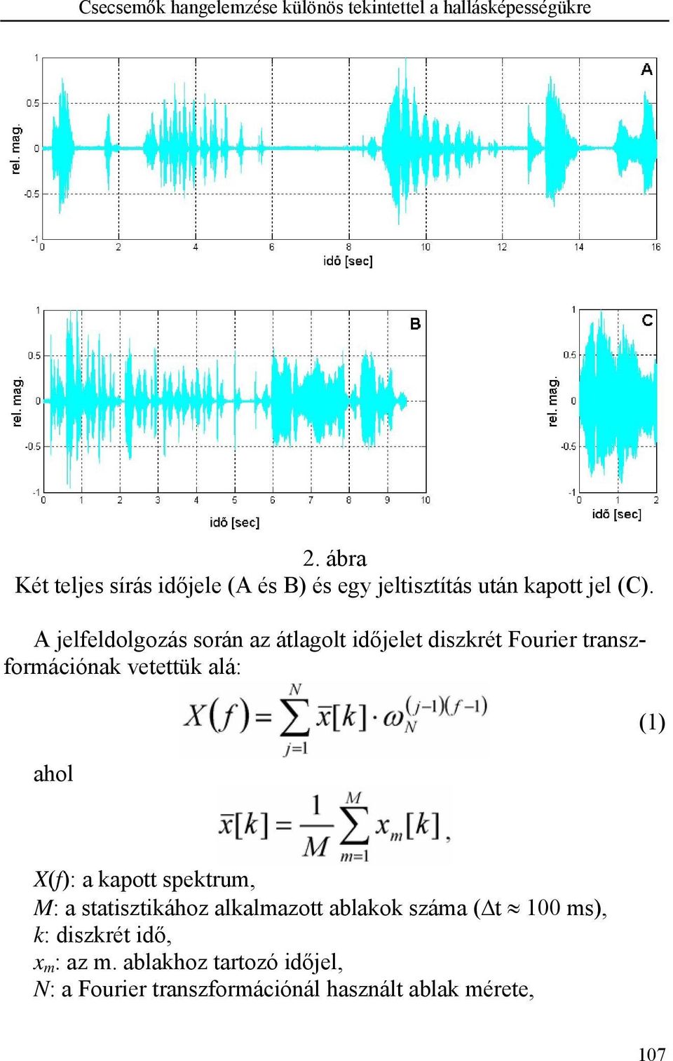 A jelfeldolgozás során az átlagolt időjelet diszkrét Fourier transzformációnak vetettük alá: ahol (1) X(f): a