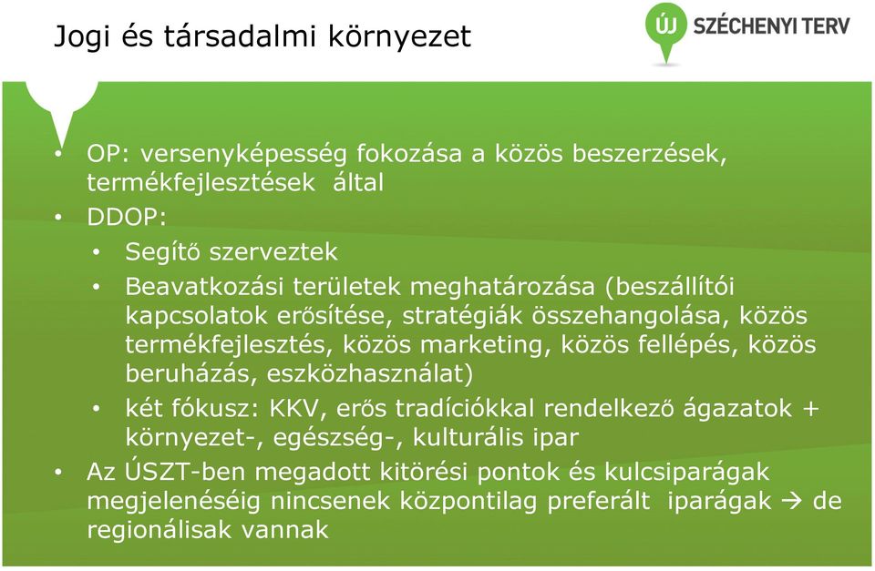 marketing, közös fellépés, közös beruházás, eszközhasználat) két fókusz: KKV, erıs tradíciókkal rendelkezı ágazatok + környezet-,