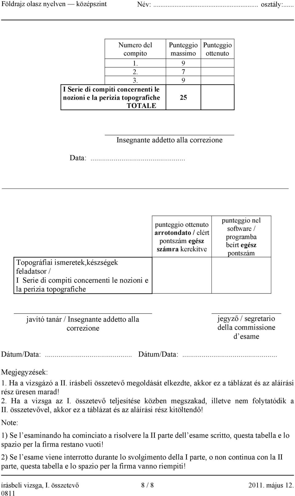 nel software / programba beírt egész pontszám javító tanár / Insegnante addetto alla correzione jegyző / segretario della commissione d esame Dátum/Data:... Dátum/Data:... Megjegyzések: 1.