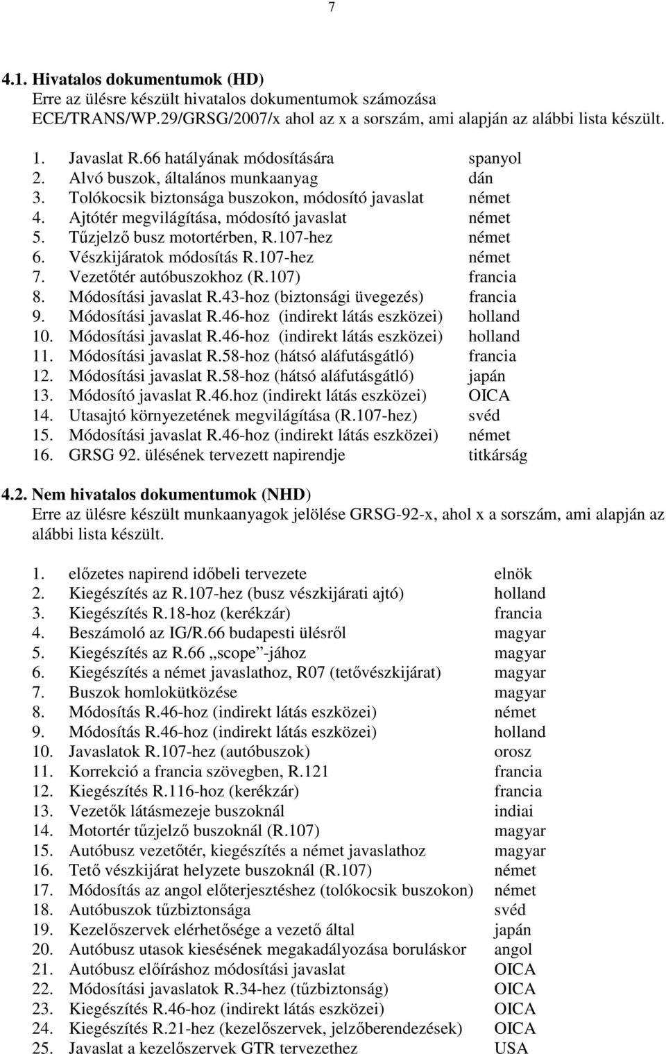 Tőzjelzı busz motortérben, R.107-hez német 6. Vészkijáratok módosítás R.107-hez német 7. Vezetıtér autóbuszokhoz (R.107) francia 8. Módosítási javaslat R.43-hoz (biztonsági üvegezés) francia 9.