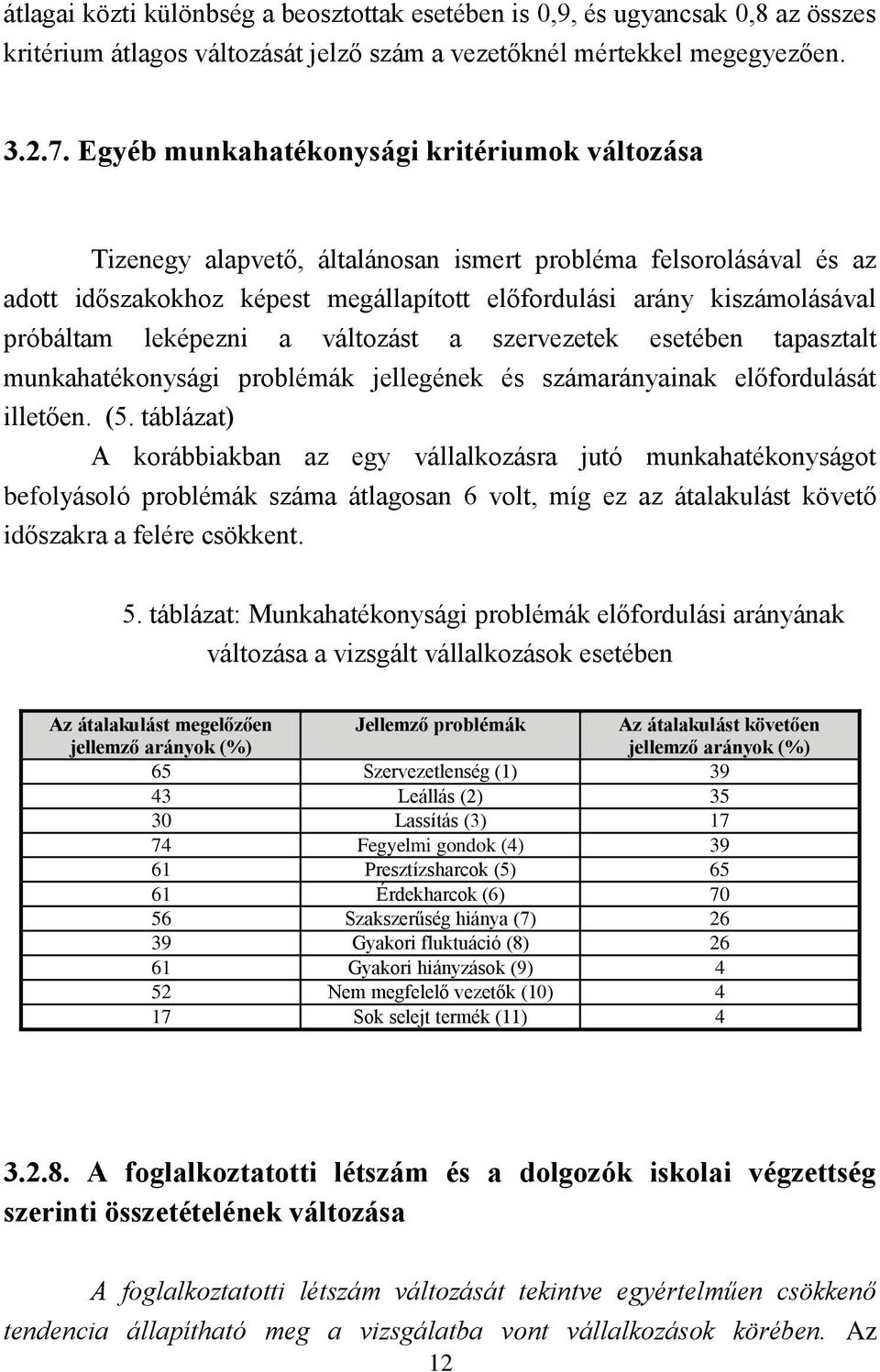 leképezni a változást a szervezetek esetében tapasztalt munkahatékonysági problémák jellegének és számarányainak előfordulását illetően. (5.