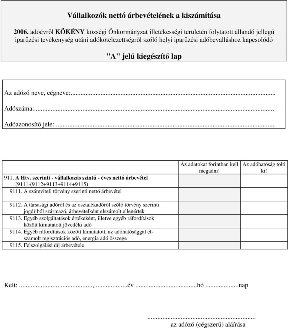 kiegészítő lap Az adózó neve, cégneve:... Adószáma:... Adóazonosító jele:... 911. A Htv. szerinti - vállalkozás szintű - éves nettó árbevétel [9111-(9112+9113+9114+9115) 9111.