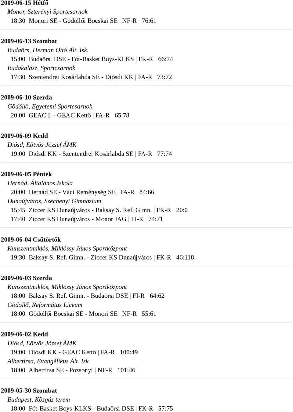 - GEAC Kettő FA-R 65:78 2009-06-09 Kedd 19:00 Diósdi KK - Szentendrei Kosárlabda SE FA-R 77:74 2009-06-05 Péntek Hernád, Általános Iskola 20:00 Hernád SE - Váci Reménység SE FA-R 84:66 Dunaújváros,