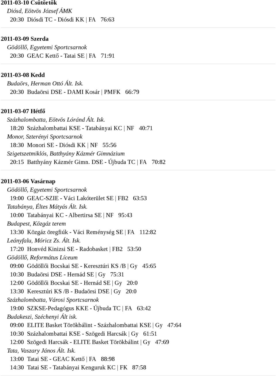 DSE - Újbuda TC FA 70:82 2011-03-06 Vasárnap 19:00 GEAC-SZIE - Váci Lakóterület SE FB2 63:53 Tatabánya, Éltes Mátyás Ált. Isk.