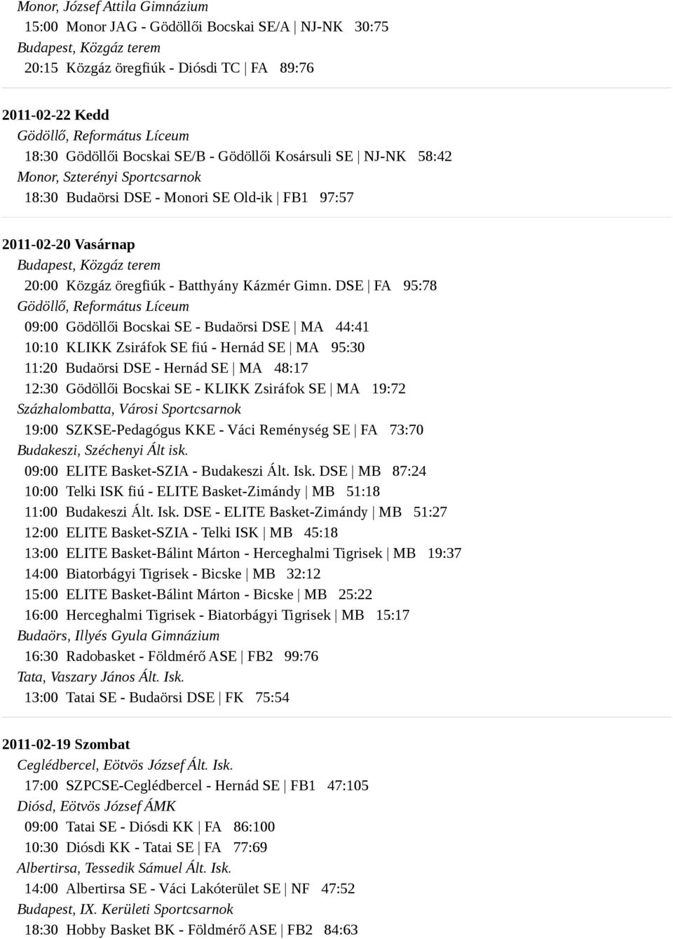 DSE FA 95:78 09:00 Gödöllői Bocskai SE - Budaörsi DSE MA 44:41 10:10 KLIKK Zsiráfok SE fiú - Hernád SE MA 95:30 11:20 Budaörsi DSE - Hernád SE MA 48:17 12:30 Gödöllői Bocskai SE - KLIKK Zsiráfok SE