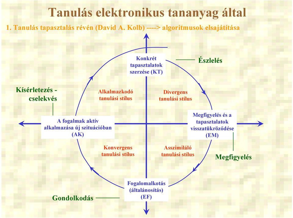 Alkalmazkodó tanulási stílus Divergens tanulási stílus A fogalmak aktív alkalmazása új szituációban (AK)