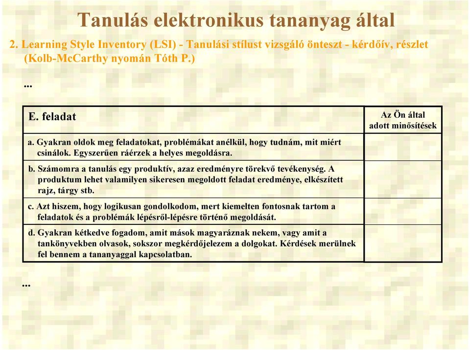 Számomra a tanulás egy produktív, azaz eredményre törekvő tevékenység. A produktum lehet valamilyen sikeresen megoldott feladat eredménye, elkészített rajz, tárgy stb. c.