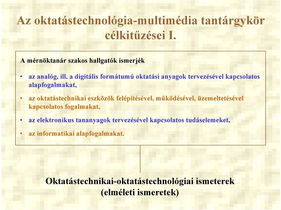 a digitális formátumú oktatási anyagok tervezésével kapcsolatos alapfogalmakat, az oktatástechnikai eszközök